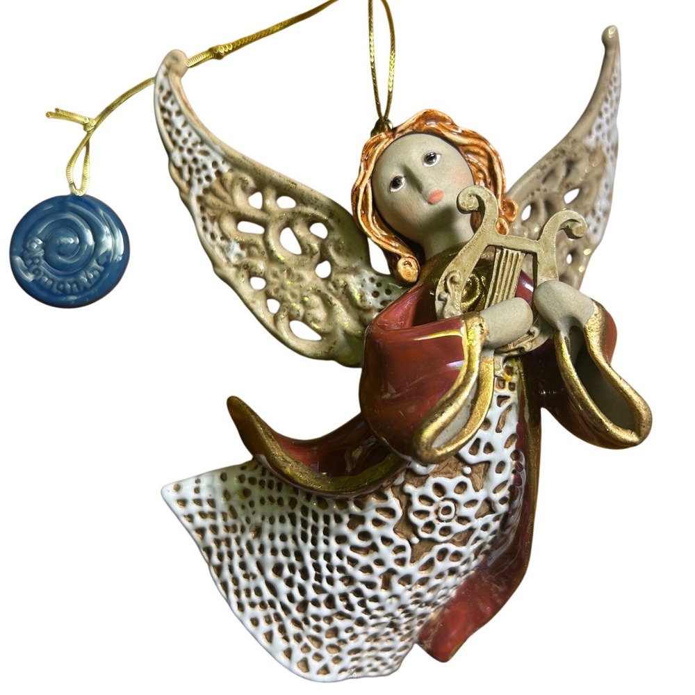 Roman Inc Angel Ornament  2003 Origins Artisan Coll Red Angel Harp Christmas